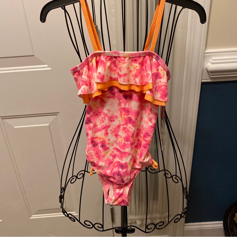 New Kensie girl Pink Orange Ruffle One Piece Bathing Suit Swim 4 Girls Summer